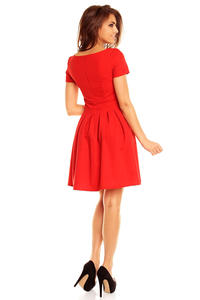 Czerwona Wizytowa Sukienka z Plisami z Krótkim Rękawem