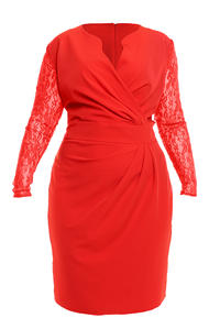 Czerwona Elegancka Sukienka z Koronkowym Rękawem PLUS SIZE