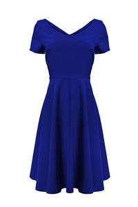Niebieska Rozkloszowana Sukienka z Dekoltem