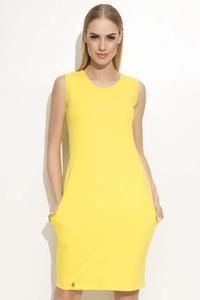 Żółta Sukienka Dresowa do Kolan z Kieszeniami