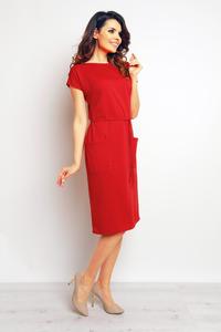 Czerwona Sukienka Midi z Kieszeniami