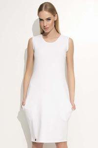 Biała Sukienka Dresowa do Kolan z Kieszeniami