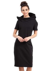 Czarna Sukienka Do Kolan z Dużym Kapturem