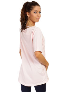 Różowy Długi T-shirt z Szerokim Dekoltem