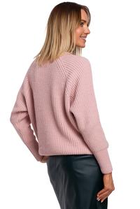 Prosty Sweter w Prążki z Długim Rękawem (Różowy)