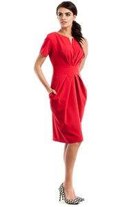 Czerwona Marszczona Sukienka z Kieszeniami