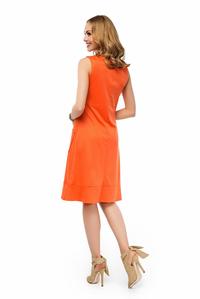 Pomarańczowa Klasyczna Sukienka z Okrągłym Dekoltem i Kieszeniami