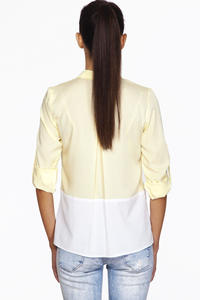 Żółto-Biała Koszula z Zawijanym Podpinanym Rękawem