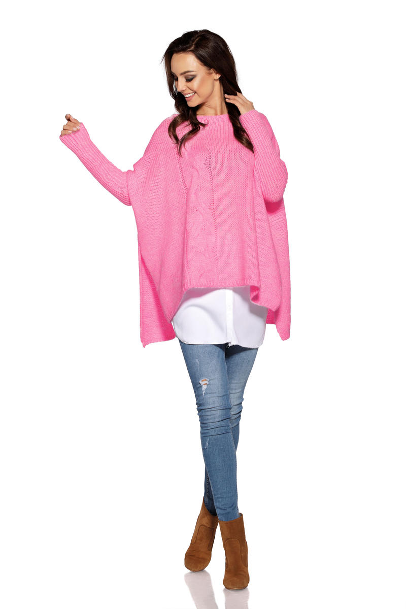 Asymetryczny Różowy Sweter Ponczo z Warkoczem