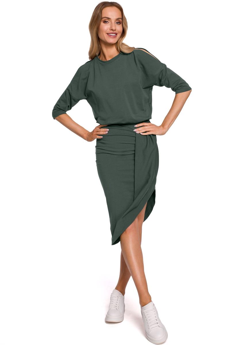 Asymetryczna Sukienka z Wycięciami na Ramionach - Zielona