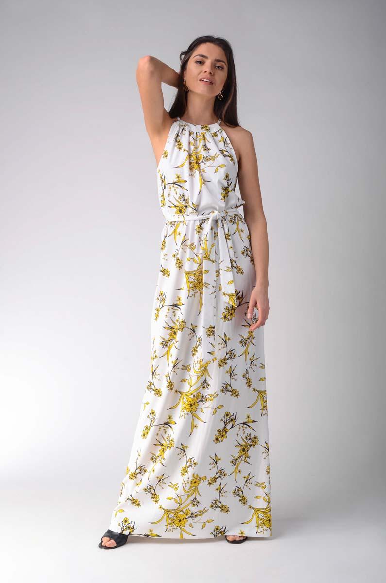  Maxi Sukienka w Żółte Kwiaty z Dekoltem Typu Halter