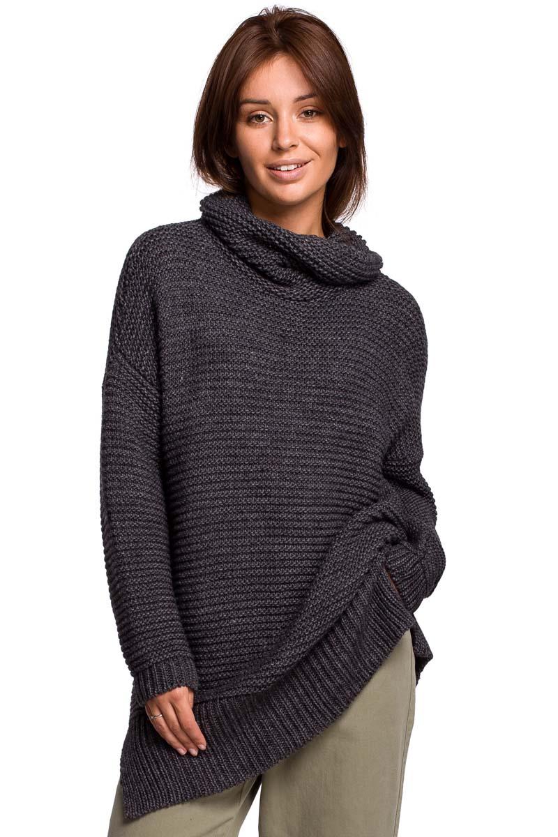 Antracyt Damski Sweter Oversize z Golfem