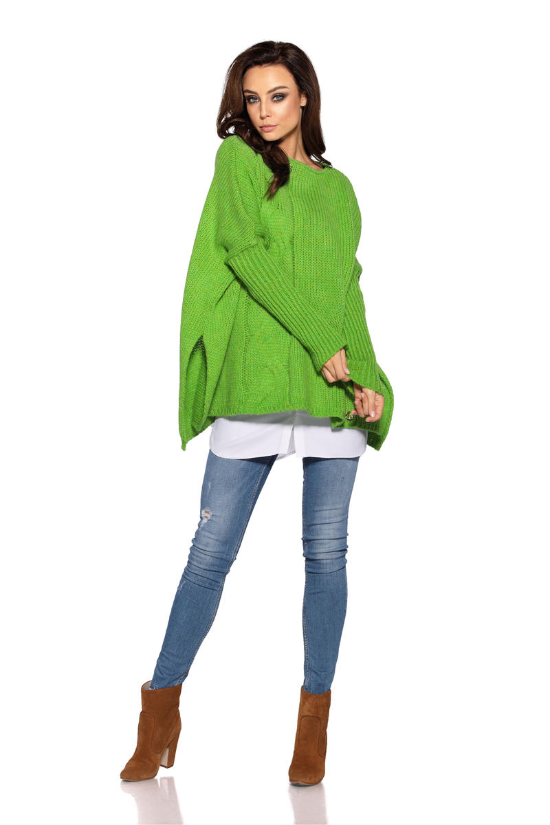 Asymetryczny Zielony Sweter Ponczo z Warkoczem