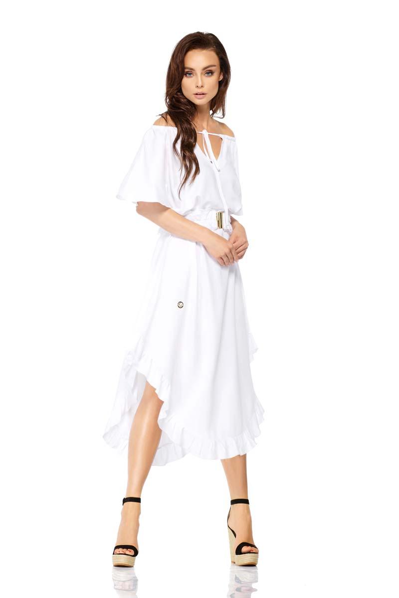 Biała Zwiewna Asymetryczna Sukienka z Koronkowym Paskiem