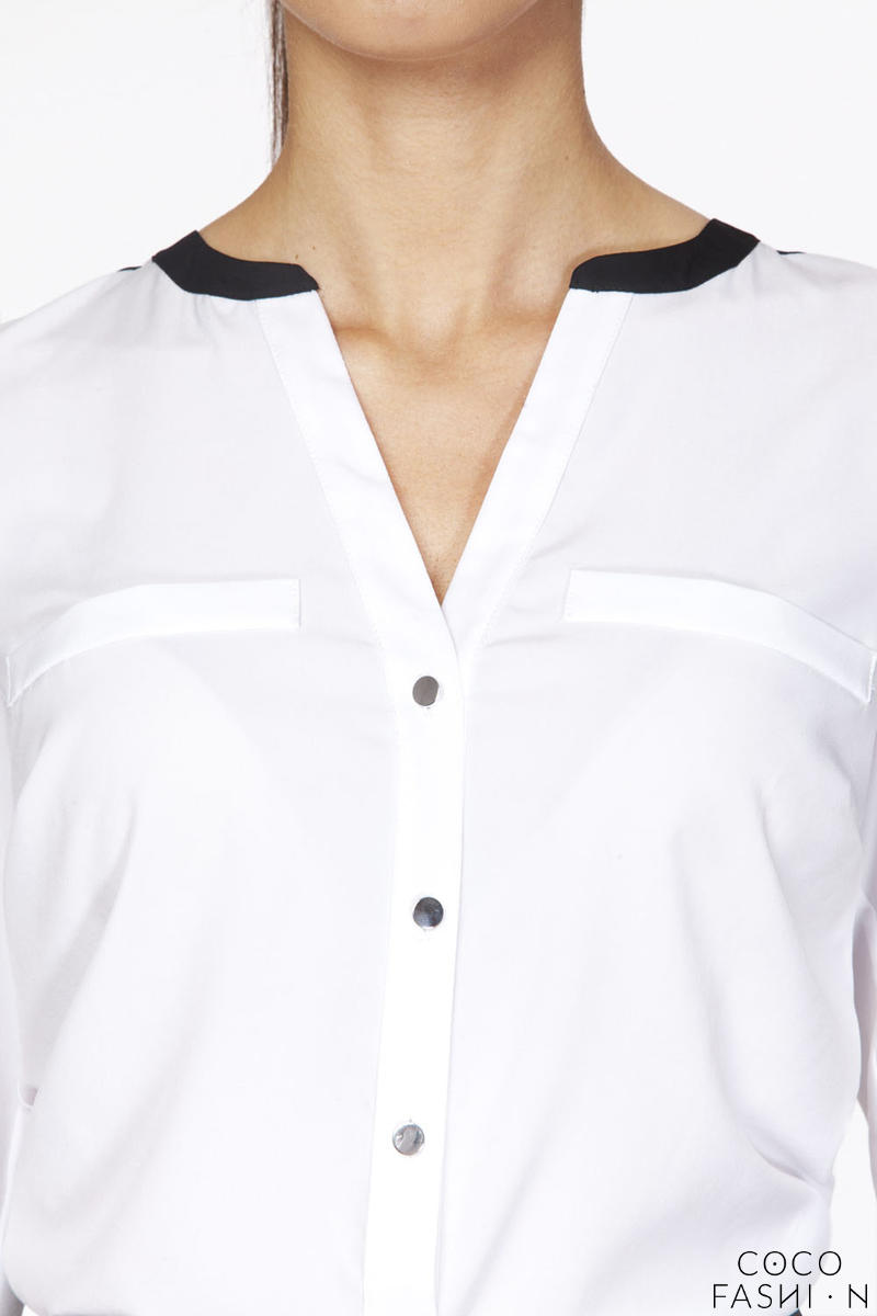 Biała Elegancka Koszulowa Bluzka z Kontrastowym Karczkiem
