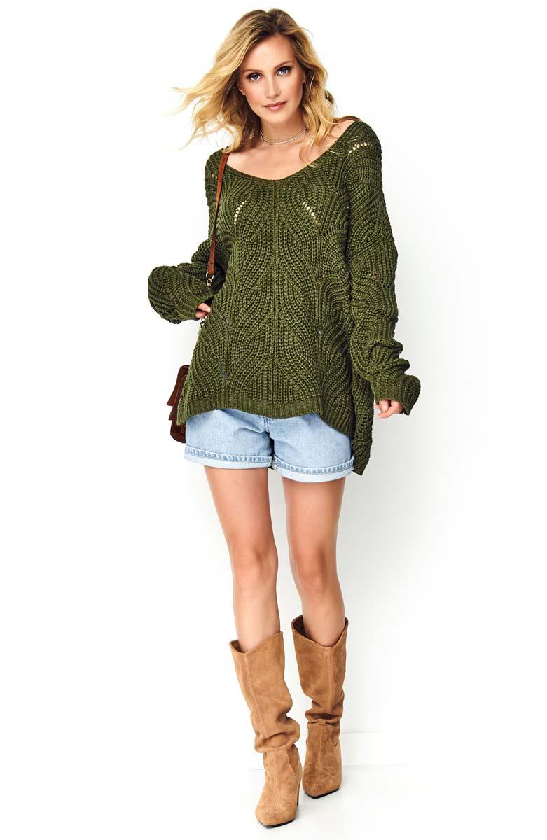 Ażurowy Sweter Oversize z Dekoltem V - Khaki