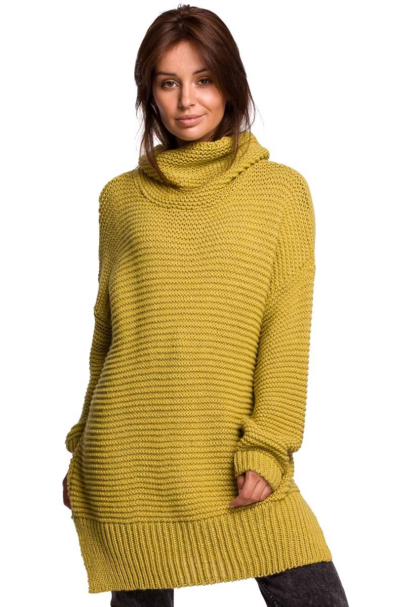 Limonkowy Damski Sweter Oversize z Golfem