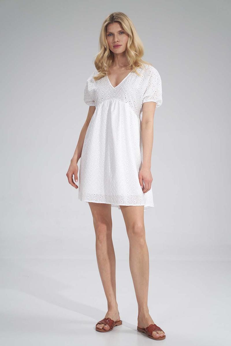 Biała Haftowana Sukienka z Bufkami