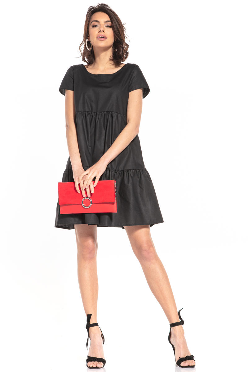 Bawełniana Mini Sukienka z Owalnym Dekoltem - Czarna