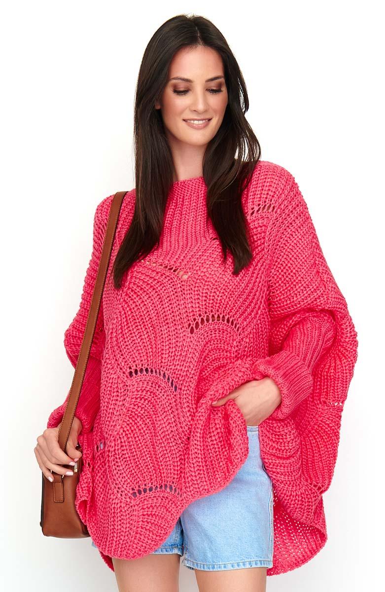 Arbuzowy Sweter-Ponczo z Warkoczowym Splotem