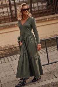Bawełniana Maxi Sukienka z Dekoltem V - Khaki
