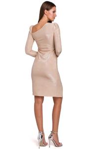 Beżowa Połyskliwa Sukienka Bodycon z Asymetrycznym Dekoltem