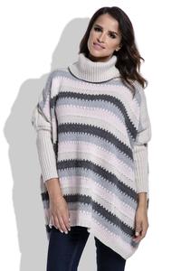 Beżowy Sweter Oversizowy w Paski z Golfem
