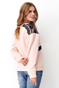 Bluza Dresowa z Koronką i Eko-skórą - Pudrowa