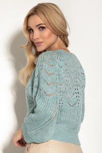 Ażurowy Sweter z Bufiastym Rękawem - Błękitny