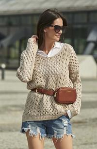 Beżowy Ażurowy Sweter Oversize