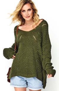 Ażurowy Sweter Oversize z Dekoltem V - Khaki