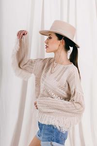 Ażurowy Komplet Dzianinowy Szorty + Bluzka w Stylu Boho - Beżowy