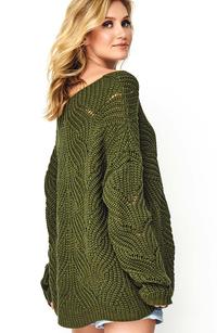 Ażurowy Sweter Oversize z Dekoltem V - Khaki