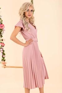  Elegncka Midi Sukienka z Plisowanym Dołem - Pudrowa
