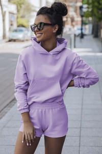  Komplet Dresowy Bluza Kangurka + Szorty - Liliowy