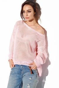 Ażurowy Lekki Sweter Oversize - Pudrowy