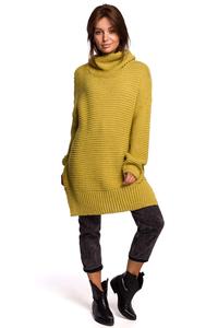 Limonkowy Damski Sweter Oversize z Golfem