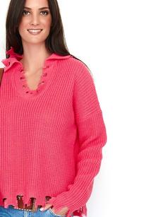 Arbuzowy Casualowy Oversizowy Sweter z Efektem Rozdarcia 