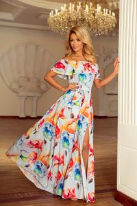 Kolorowa Długa Sukienka z Hiszpańskim Dekoltem