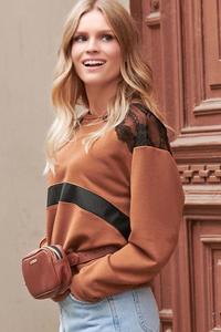Bluza Dresowa z Koronką i Eko-skórą - Kamelowa