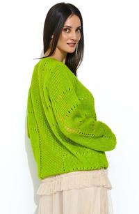 Luźny Limonkowy Sweter z Ażurowym Wzorem