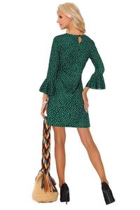 Zielona Sukienka Mini w Kropki z Rozszerzanymi Rękawami