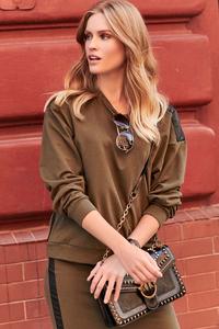  Komplet Bluza + Spódnica z Eko-Skórą - Khaki