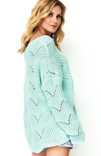 Ażurowy Sweter Oversize z Dekoltem V - Miętowy