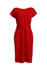 Czerwona Sukienka Midi z Paskiem