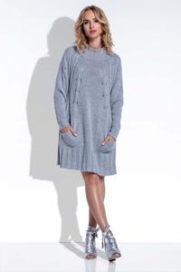 Swetrowa Szara Sukienka Oversize z Kieszeniami