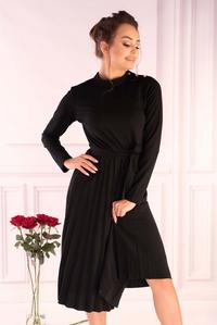 Plisowana Czarna Sukienka z Zabudowanym Dekoltem