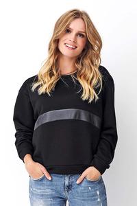 Bluza Dresowa z Koronką i Eko-skórą - Czarna
