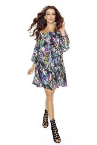 Czarna Sukienka Zwiewna Wzór w Liście Stylu Boho Plus Size