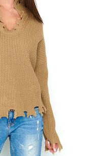 Orzechowy Casualowy Oversizowy Sweter z Efektem Rozdarcia 